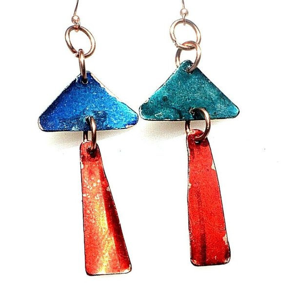 Modernist Geometric Blue Red Dangle Solid Pure Copper Earrings Bohemian Drop - Picture 2 of 5